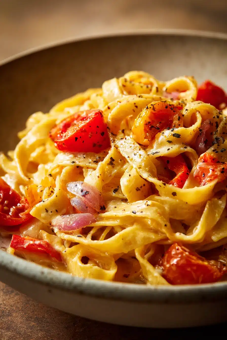 Close-up of creamy one pot pasta tagliatelle with herbs on a white plate.