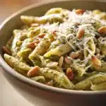 Close-up of creamy pesto pasta with a rich sauce and fresh herbs.