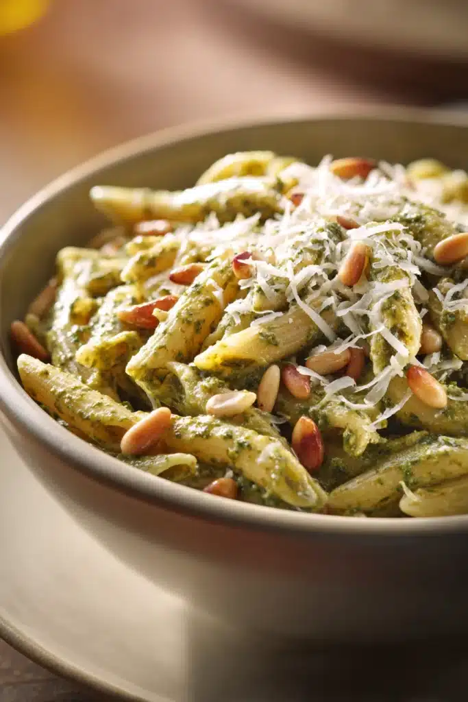 Close-up of creamy pesto pasta with a rich sauce and fresh herbs.