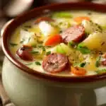 Close-up of creamy potato and sausage chowder soup with herbs in a white bowl.