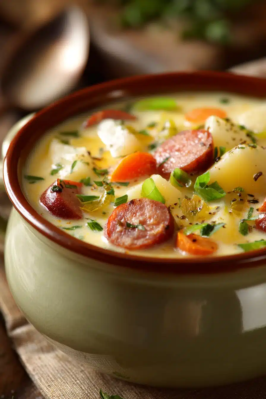 Close-up of creamy potato and sausage chowder soup with herbs in a white bowl.
