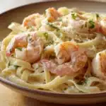 Close-up of creamy shrimp pasta with a rich sauce and garnished with herbs.