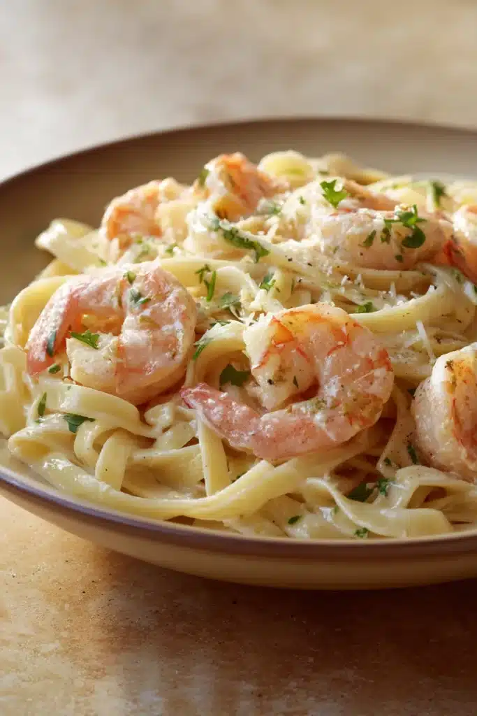 Close-up of creamy shrimp pasta with a rich sauce and garnished with herbs.