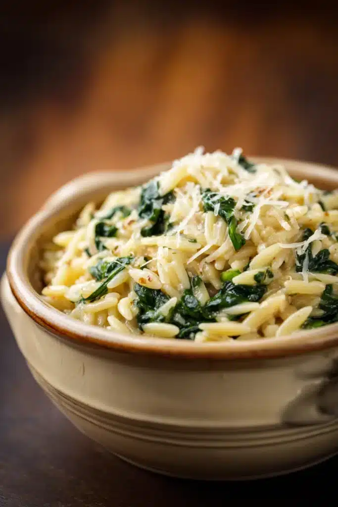 Close-up of creamy spinach orzo with parmesan, garnished with fresh herbs.