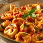 Close-up of creamy tortellini with tomato and basil, showcasing appetizing textures and vibrant colors.