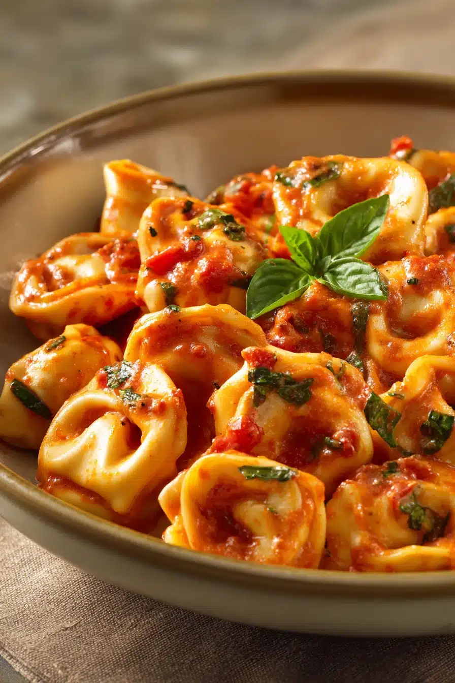 Close-up of creamy tortellini with tomato and basil, showcasing appetizing textures and vibrant colors.