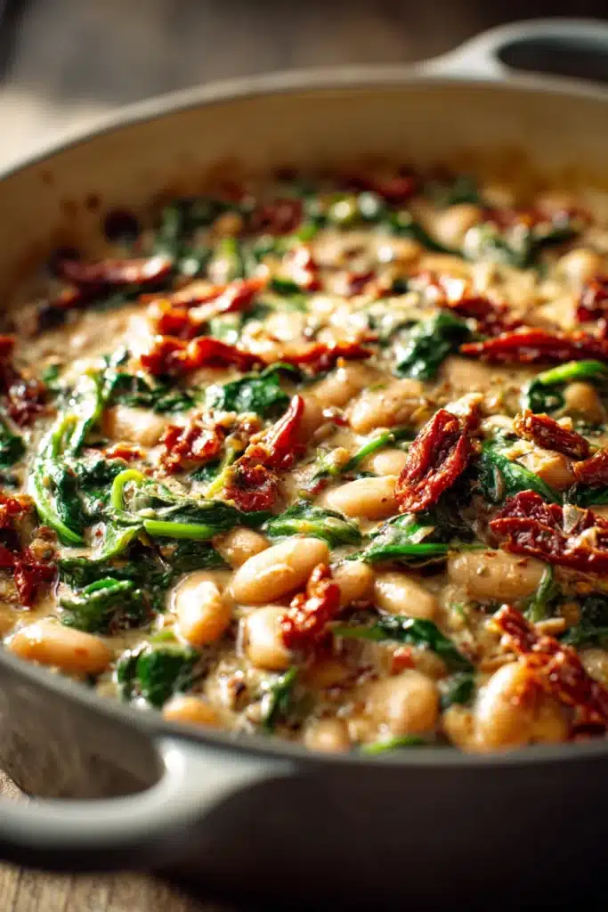 Close-up of a creamy Tuscan bean and sun-dried tomato skillet with herbs