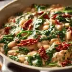Close-up of a creamy Tuscan bean and sun-dried tomato skillet with visible textures.