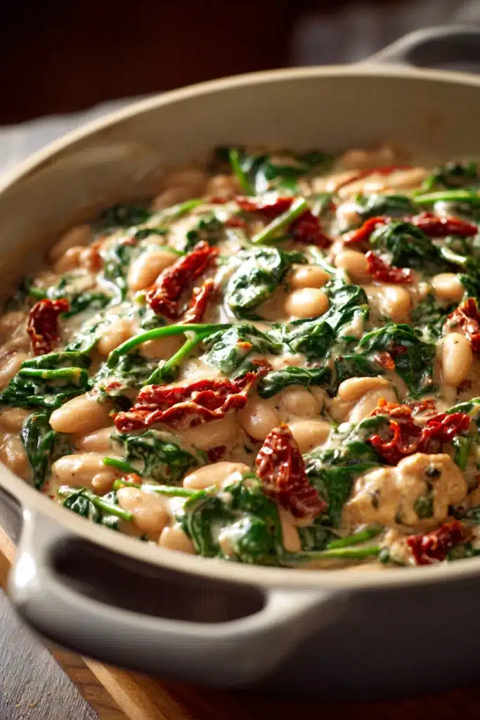 Close-up of a creamy Tuscan bean and sun-dried tomato skillet with visible textures.