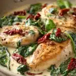 Close-up of creamy Tuscan chicken skillet with herbs and sauce