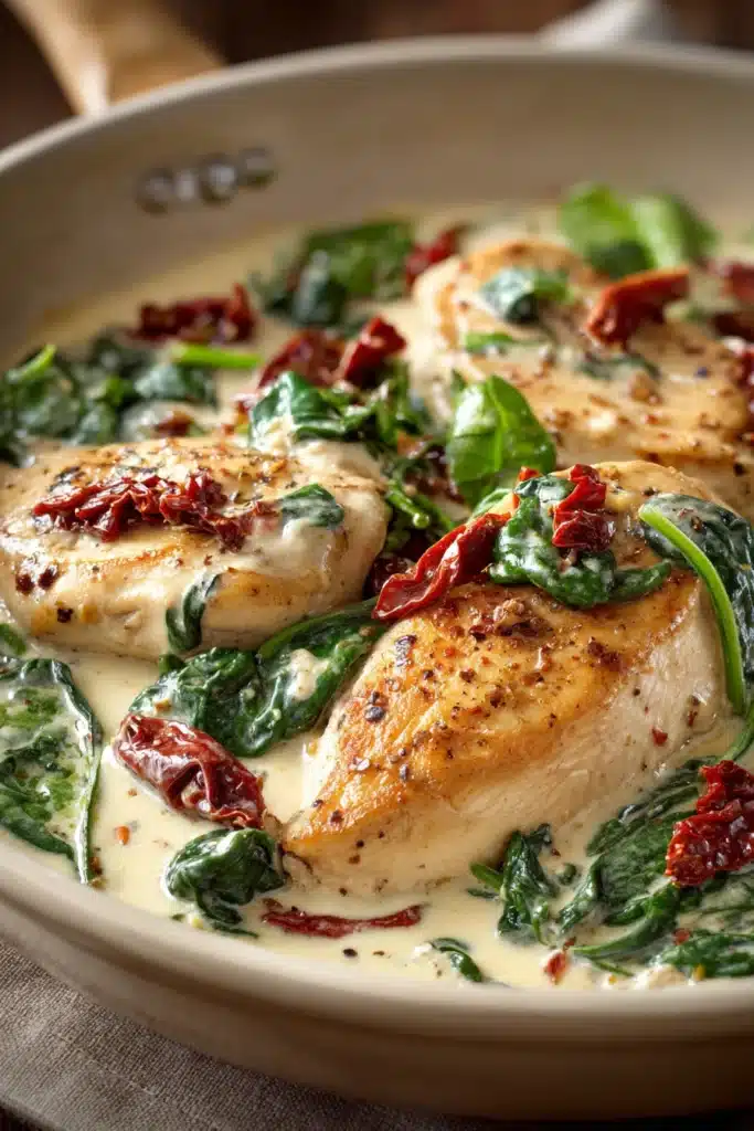 Close-up of creamy Tuscan chicken skillet with herbs and sauce