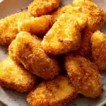 Close-up of crispy air fryer chicken nuggets on a white plate with a dipping sauce.