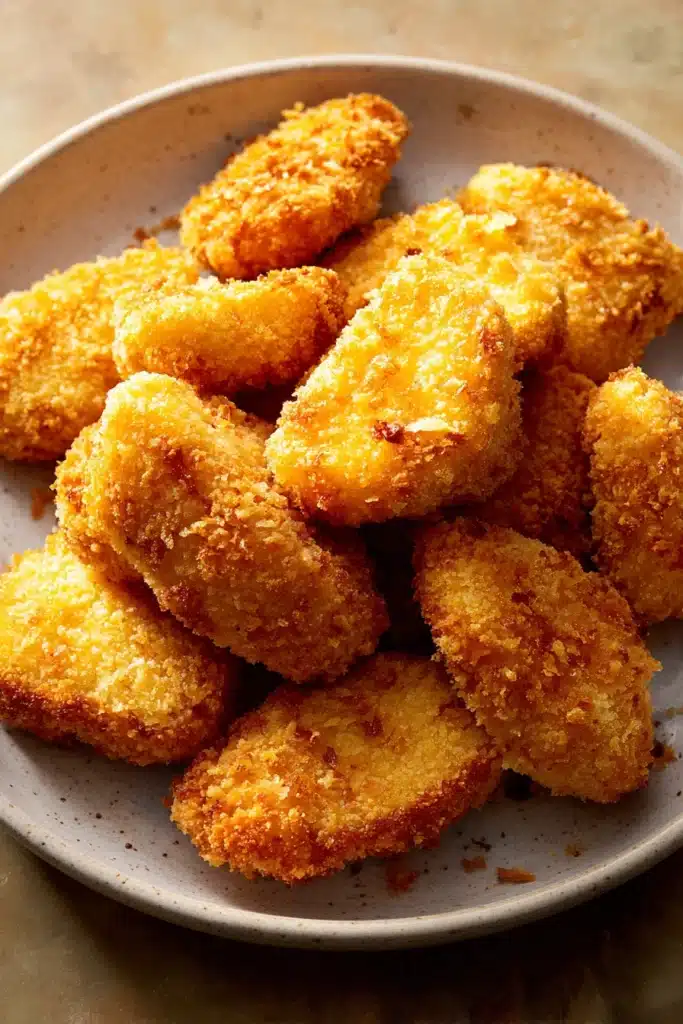 Close-up of crispy air fryer chicken nuggets on a white plate with a dipping sauce.