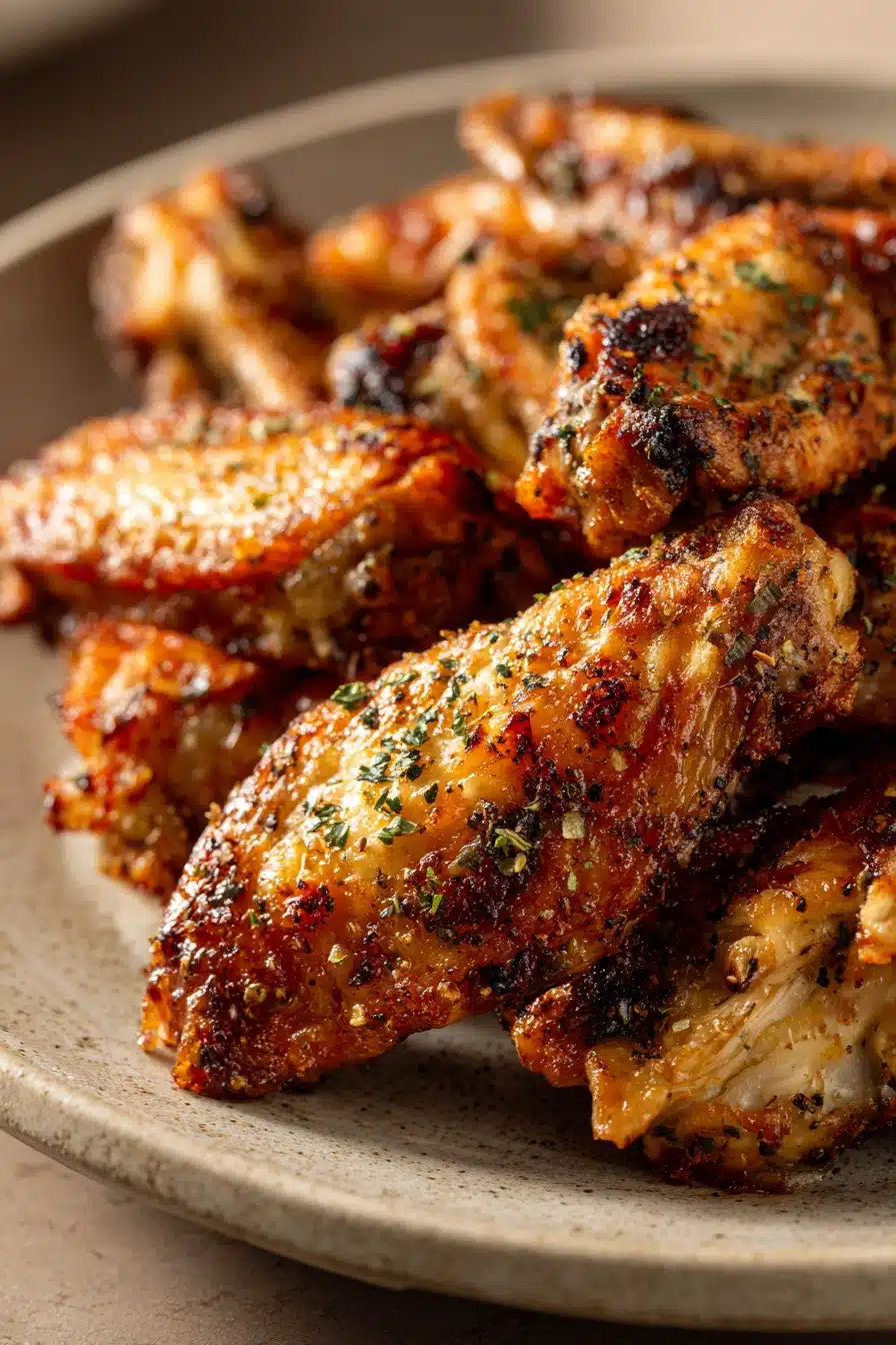 Crispy air fryer chicken wings with Italian seasoning on a white plate