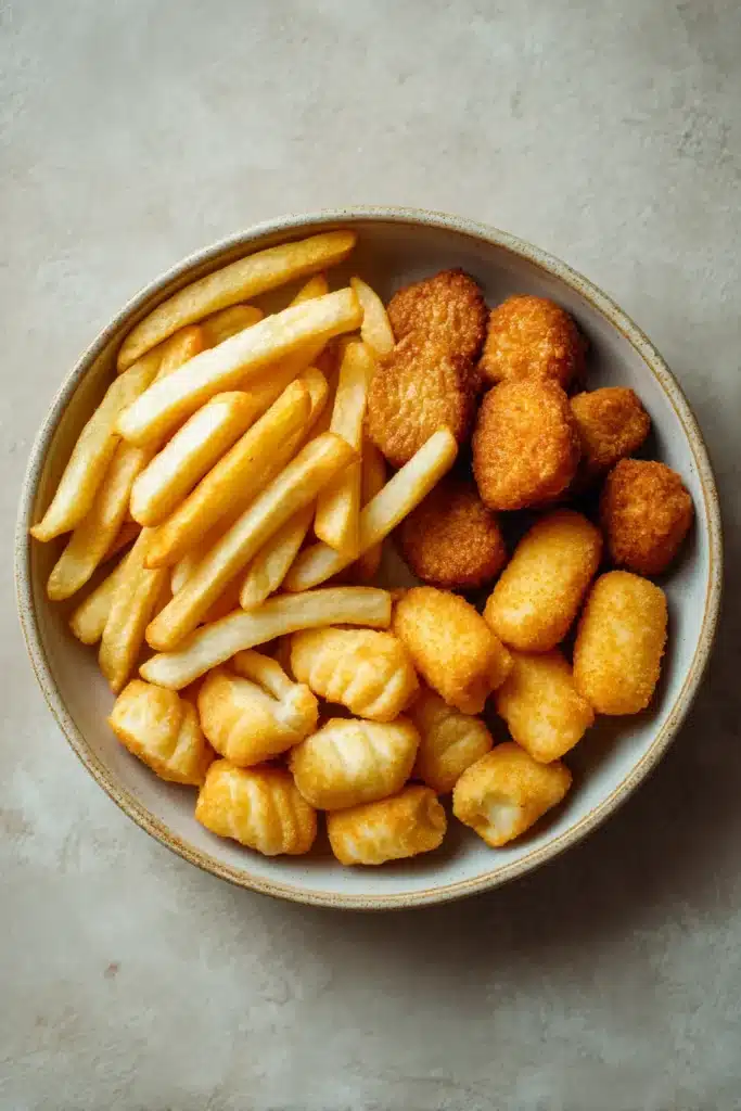 Close-up of crispy air fryer frozen foods with golden texture and minimal background.