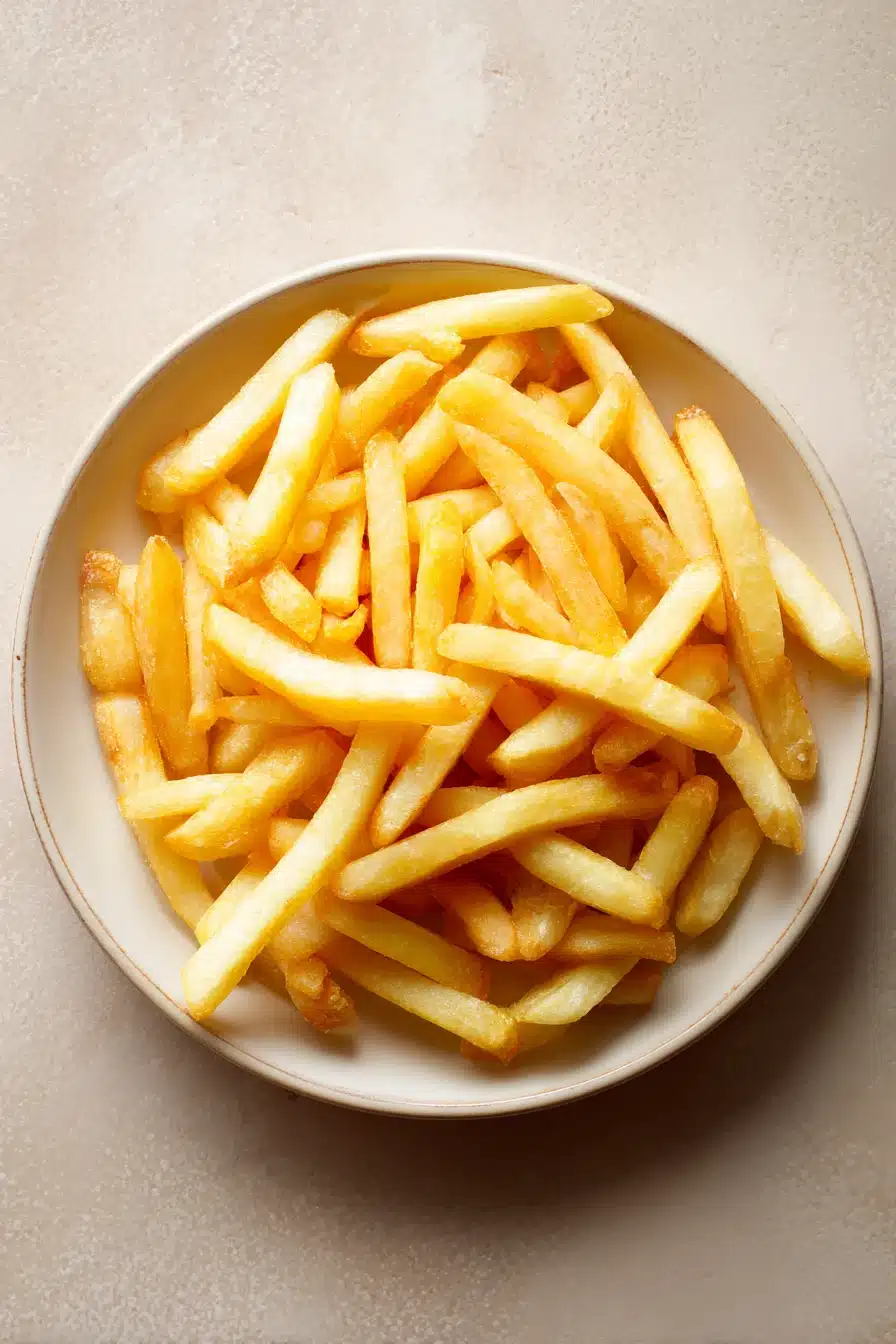 Close-up of crispy golden air fryer frozen french fries on a white plate.