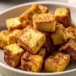Crispy air fryer tofu served on a white plate with a garnish of green herbs.