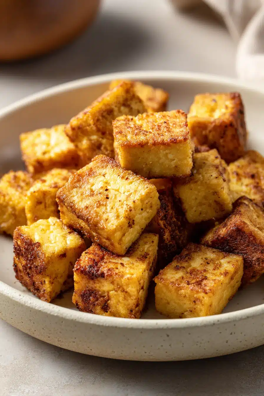 Crispy air fryer tofu served on a white plate with a garnish of green herbs.