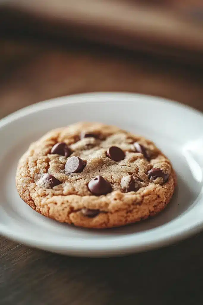 Close-up of a crispy and chewy chocolate chip cookie with visible chocolate chips.
