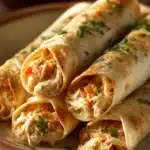 Close-up of crispy chicken flautas with a side of dipping sauce on a white plate.