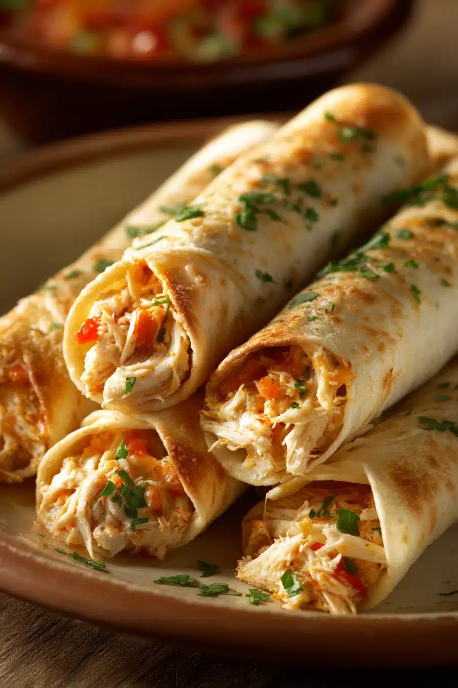 Close-up of crispy chicken flautas with a side of dipping sauce on a white plate.