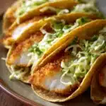 Close-up of crispy fish tacos with fresh toppings and a clean background