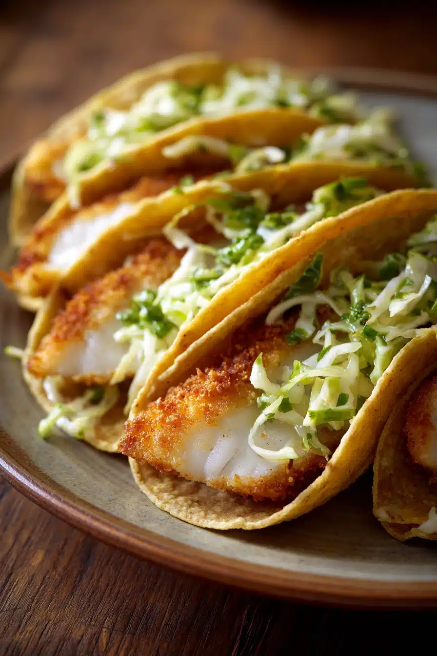 Close-up of crispy fish tacos with fresh toppings and a clean background