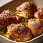Close-up of crispy garlic butter chicken with golden crust and herbs