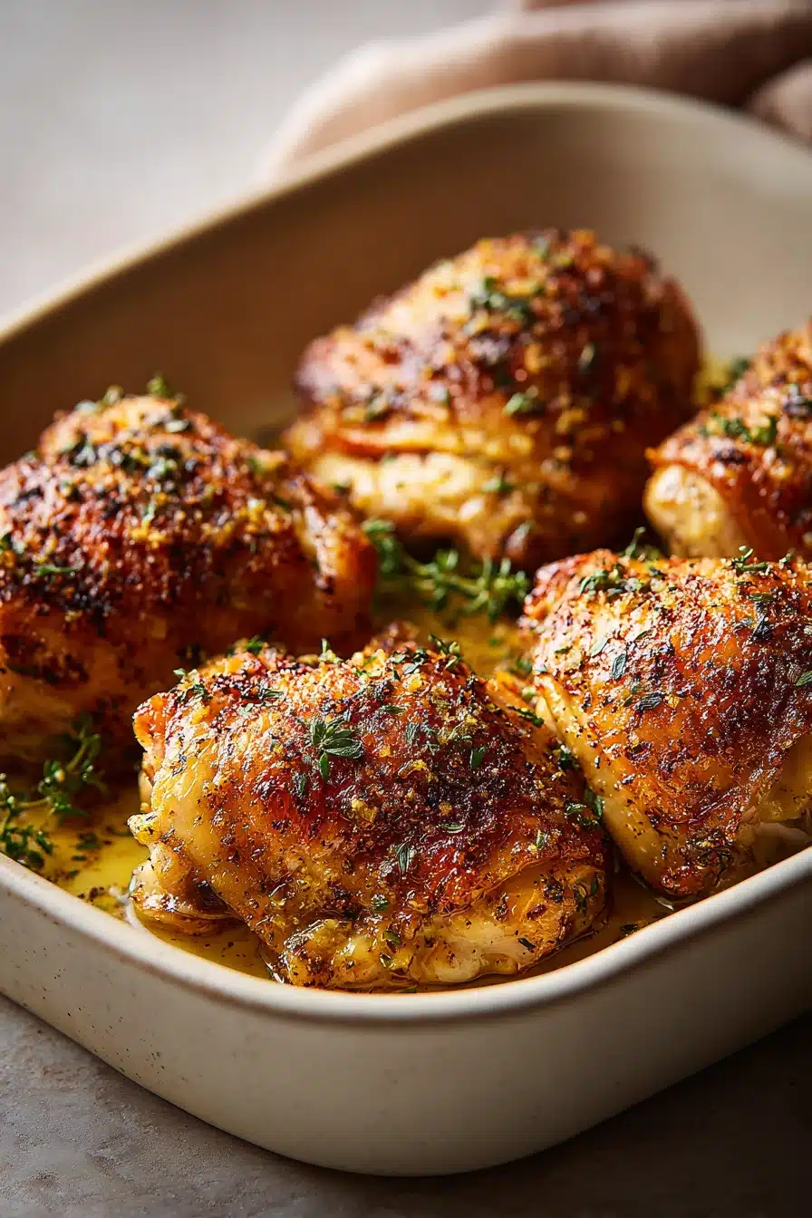 Close-up of crispy garlic butter chicken with golden crust and herbs