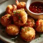 Crispy shrimp balls served with sweet chili sauce on a clean white plate.