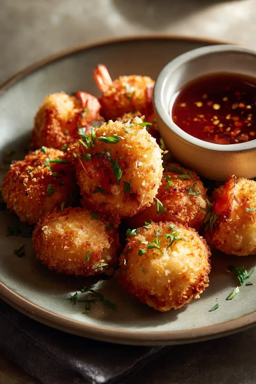 Crispy shrimp balls served with sweet chili sauce on a clean white plate.