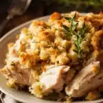 Close-up of crock pot chicken and stuffing with creamy sauce and herbs