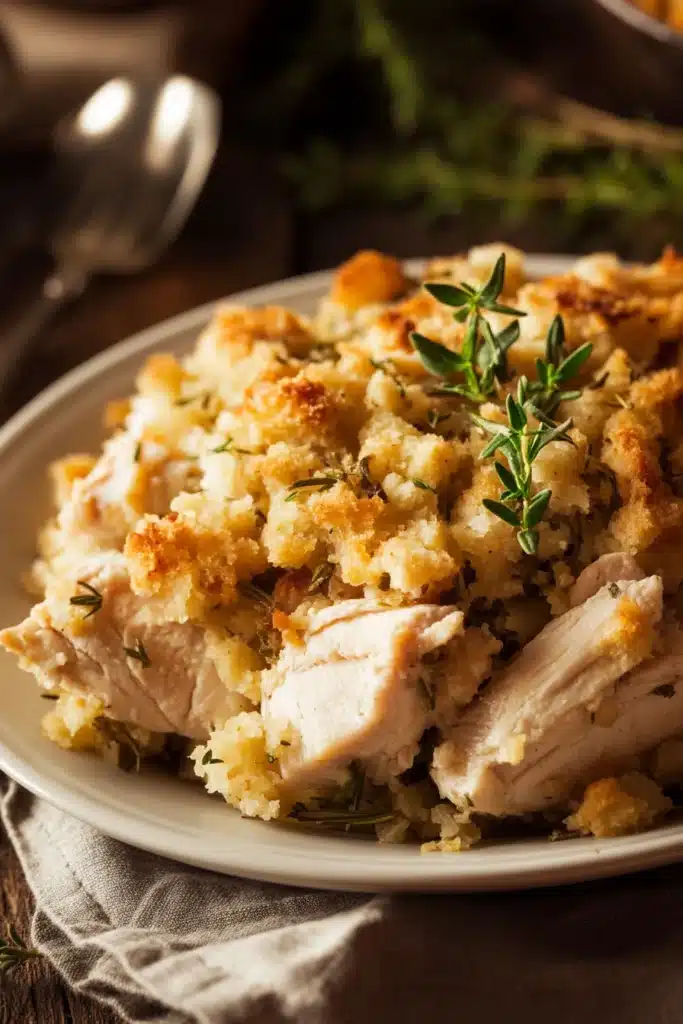Close-up of crock pot chicken and stuffing with creamy sauce and herbs