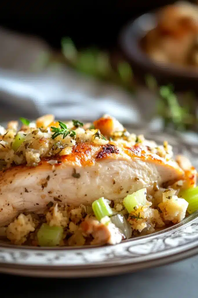 Close-up of crock pot chicken and stuffing with bright, natural lighting.