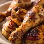 Close-up of crock pot chicken drumsticks with a golden glaze and herbs