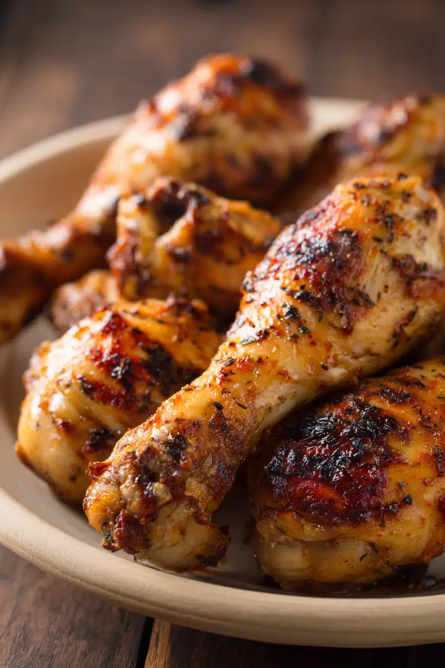 Close-up of crock pot chicken drumsticks with a golden glaze and herbs