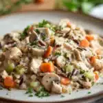 Close-up of crock pot chicken wild rice with creamy sauce and herbs