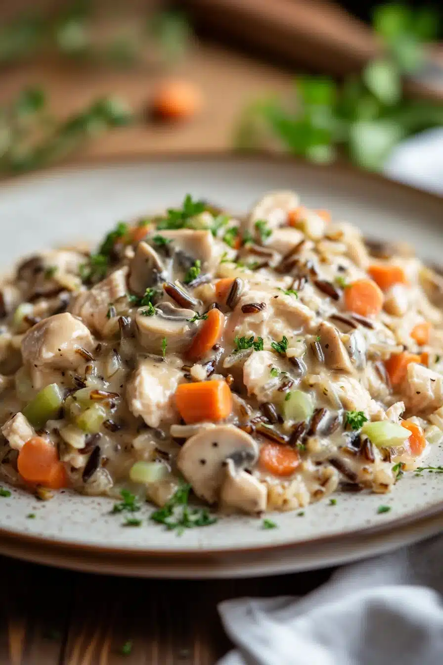 Close-up of crock pot chicken wild rice with creamy sauce and herbs