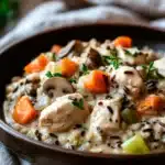Close-up of creamy crock pot chicken with wild rice in a bright setting