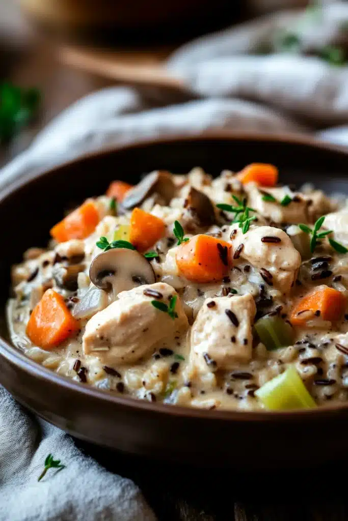 Close-up of creamy crock pot chicken with wild rice in a bright setting