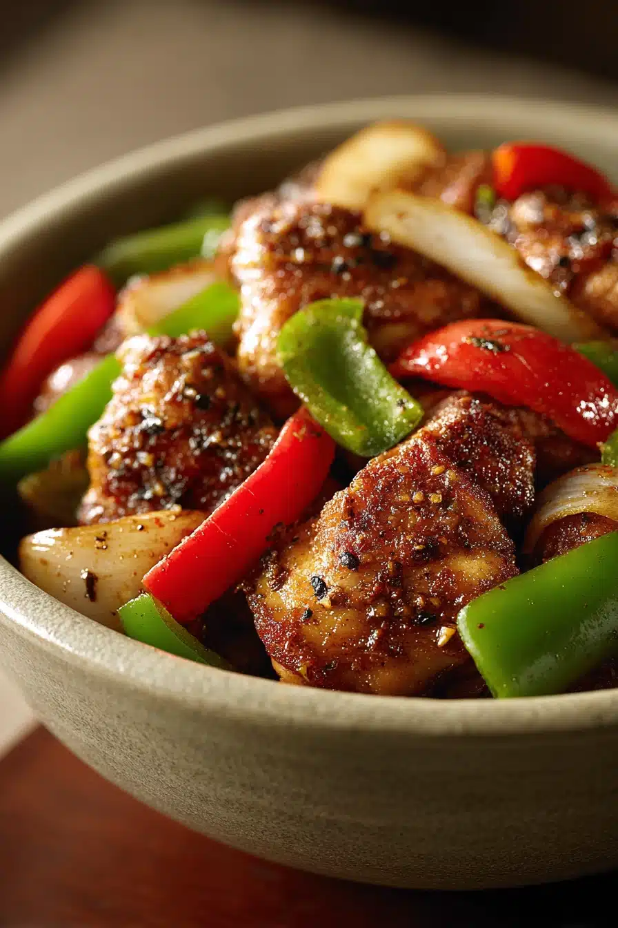 Close-up of Black Pepper Chicken with a creamy sauce and garnished with herbs.