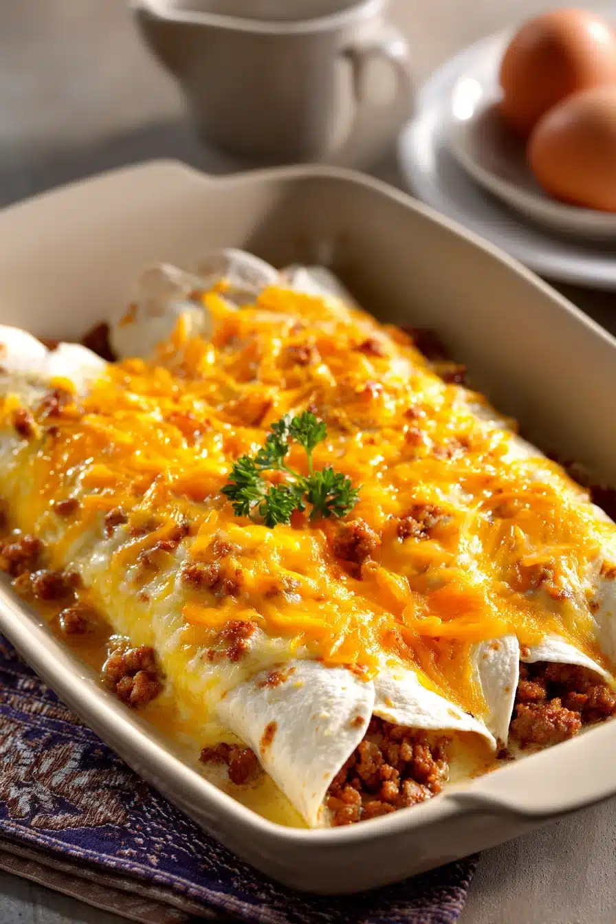 Close-up of breakfast enchiladas with melted cheese and fresh herbs.