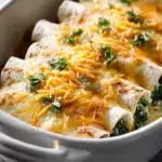 Close-up of chicken and spinach enchiladas with melted cheese and fresh herbs