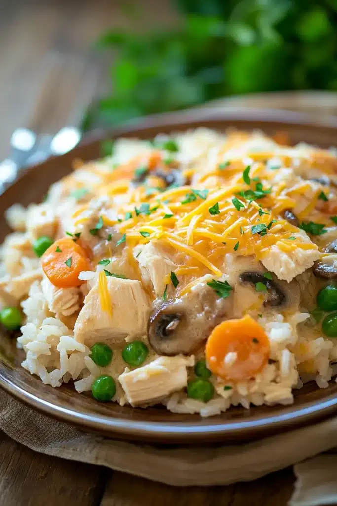 Close-up of a chicken casserole with creamy sauce and herbs, served in a white dish.