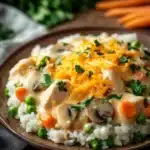 Close-up of a chicken casserole with creamy sauce and herbs, filling the frame with warm lighting.