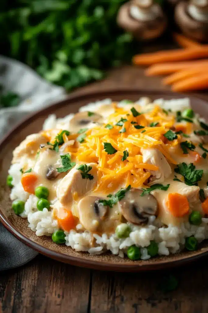 Close-up of a chicken casserole with creamy sauce and herbs, filling the frame with warm lighting.