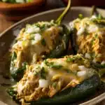 Close-up of Chicken Chiles Rellenos with creamy sauce and herbs
