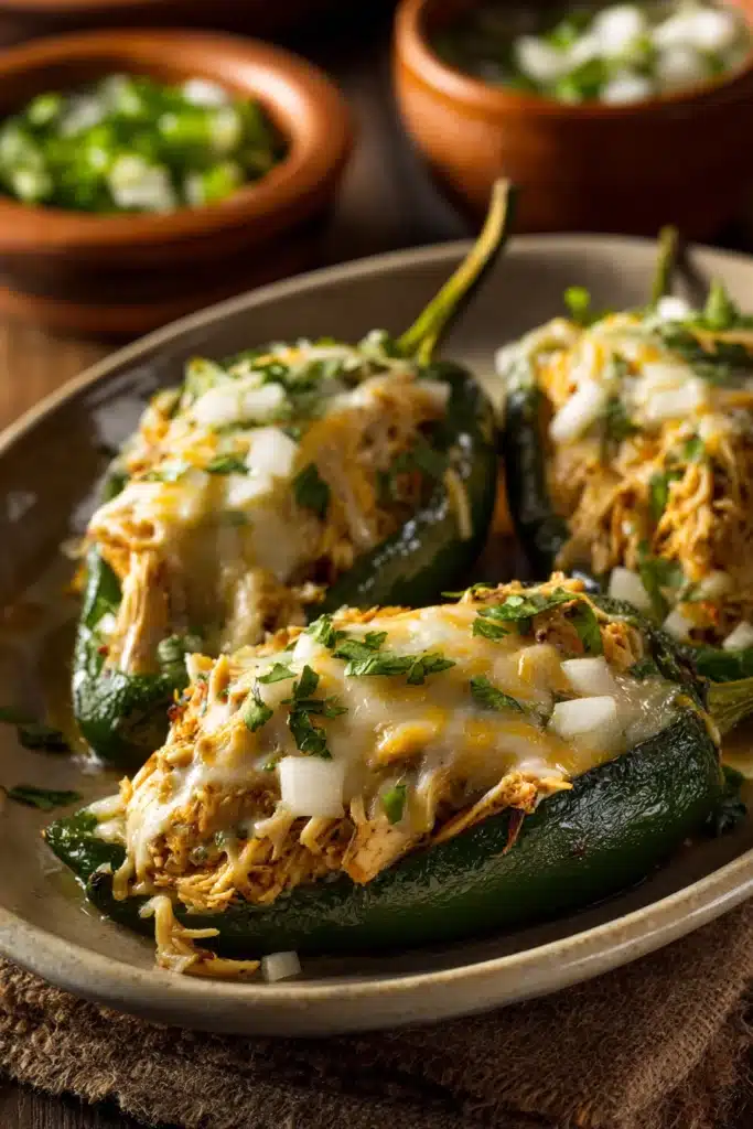 Close-up of Chicken Chiles Rellenos with creamy sauce and herbs