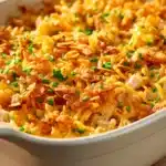 Close-up of a Chicken Hash Brown Casserole with crispy top and creamy interior.