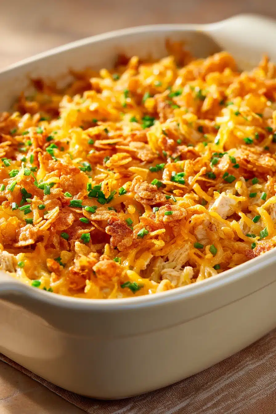 Close-up of a Chicken Hash Brown Casserole with crispy top and creamy interior.